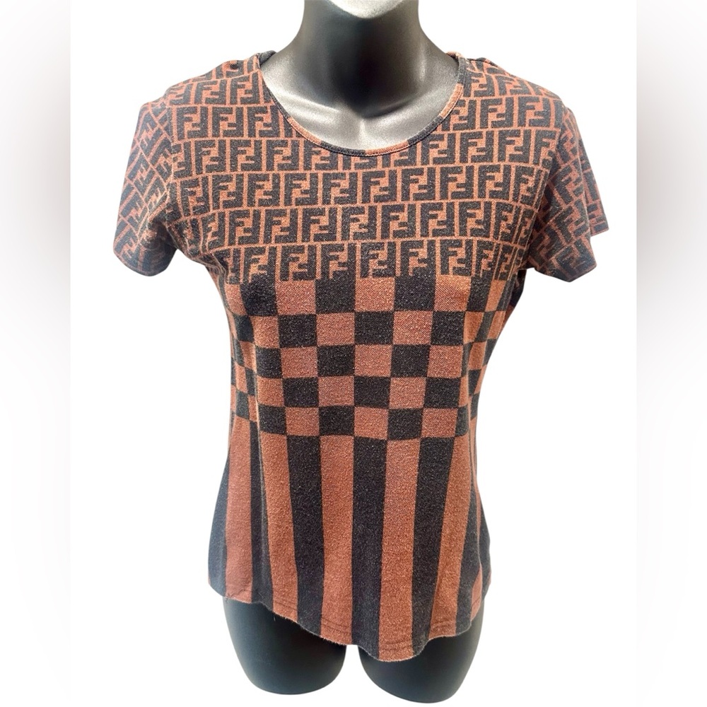 Vintage Fendi Women's Black & Brown Zucca Checkered Tee Small